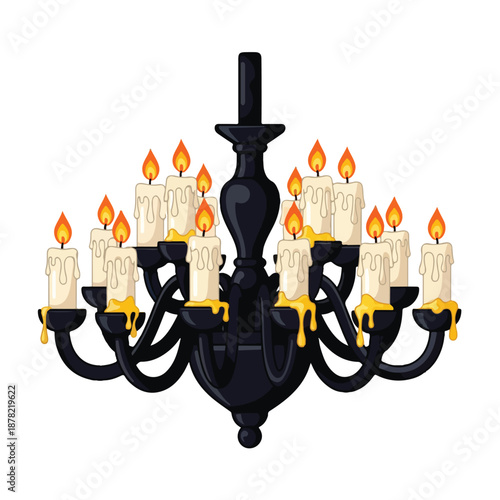 Black Candelabra Chandelier with Lit Candles.