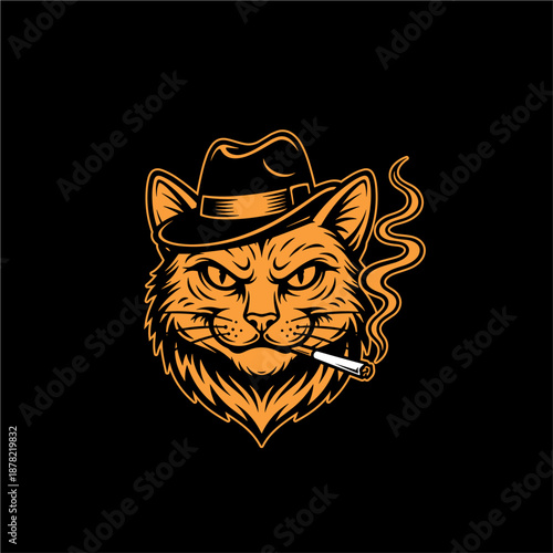 Cool Retro Gangster Cat Mascot Vector Illustration with Fedora Hat and Smoking Cigarette, Badass Feline Character Design