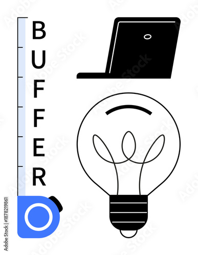 Technology advancement, innovation, creative solutions, digital transformation, design thinking, progress. A buffer gauge, light bulb and laptop arranged neatly. Innovation and technology