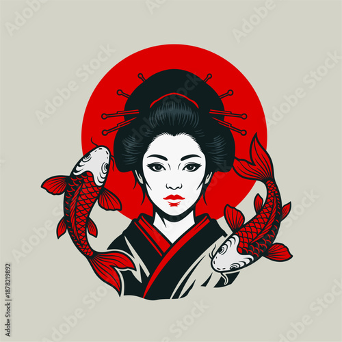 Japanese Geisha with Koi Fish and Red Sun Vector Illustration