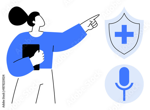 Health technology, online communication, medical security, digital tools, remote care, voice technology. Woman pointing, shield with cross microphone icon. Health technology and online communication