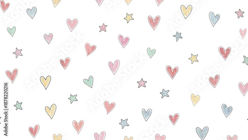 Whimsical pastel hearts and stars on white background for love and celebration