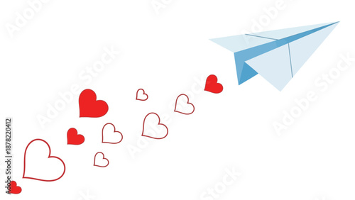 Paper airplane soaring with hearts flying behind it in the air