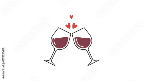 Romantic wine glasses clinking with hearts above