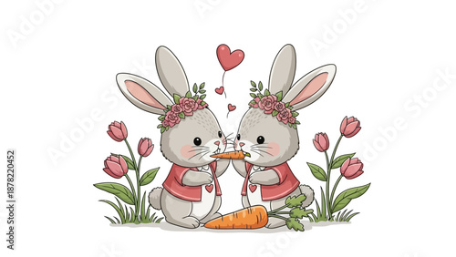 Adorable rabbits sharing carrot in garden with flowers and hearts