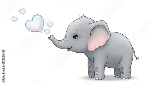 Adorable baby elephant blowing heart bubbles in playful gesture