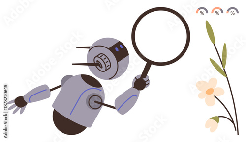 Artificial intelligence, environmental research, scientific analysis, curiosity, innovation, botany. Robot examining flower using magnifying glass. Artificial intelligence and environmental research