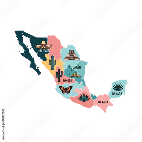 A colorful map of Mexico with illustrations