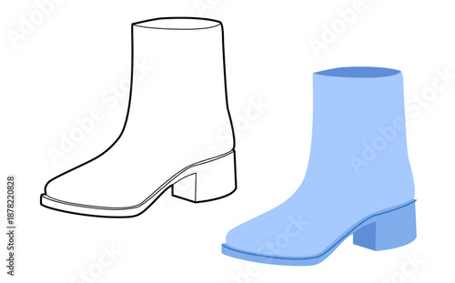 Blue block heel ankle boot women color plus line set. Clean shaft boot for footwear guide and branding project. Technical fashion illustration CAD mockup mixed vector man unisex isolated stylish style