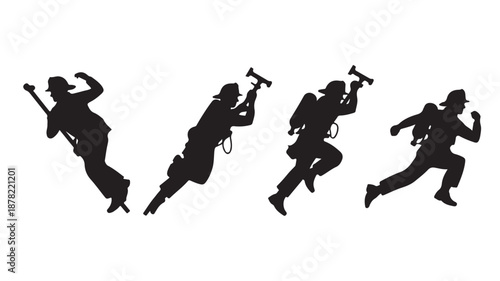 Firefighter Silhouette Running Sequence Isolated on White Background