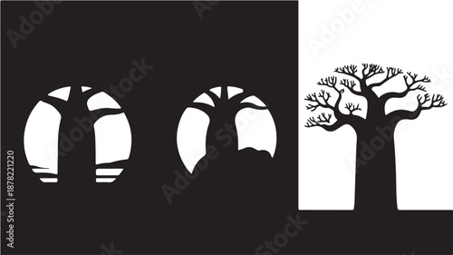 Baobab Tree Silhouette Vector Illustration Set Black and White Minimalist Design