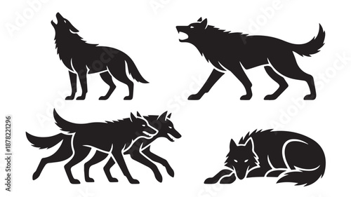 Wolf Silhouettes Howling Aggressive Walking and Resting Black Vector Illustration Isolated on White