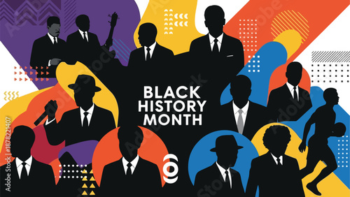 A colorful poster celebrating Black History Month with silhouettes