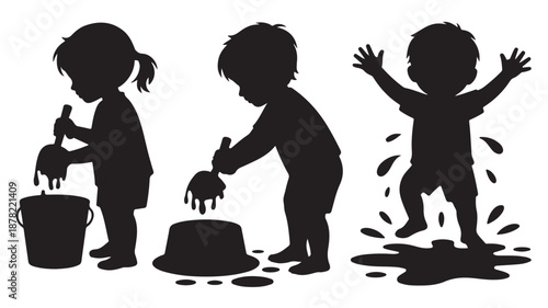 Children Playing Messily with Mud and Water Outdoors - Silhouette Vector Illustration