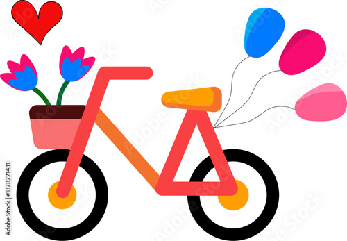 Joyful pink bicycle illustration with flowers and balloons