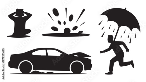 Problem Emergency Accident Silhouette Icons Collection Isolated on White Background