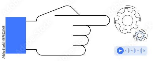 Automation, workflow optimization, digital processes, user interface, mechanical engineering, efficiency. A hand pointing towards gears and an audio icon. Automation and workflow optimization design