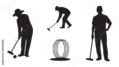 Croquet Players Silhouette Vector Illustration, People Playing Game with Mallets and Wicket Isolated on White
