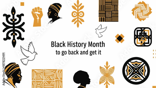 A colorful poster with various black and gold designs