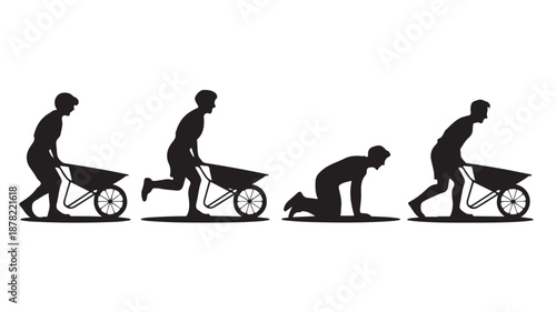 Evolution of Laborer Pushing Wheelbarrow Silhouette Vector Isolated on White
