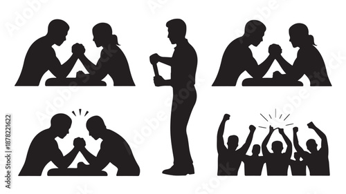 Arm Wrestling Competition Silhouettes with Referee and Cheering Crowd Isolated on White