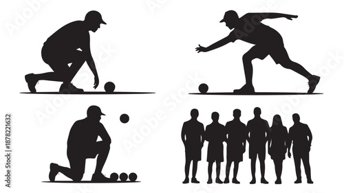Bocce Ball Players Silhouettes Playing Game Vector Set Isolated on White