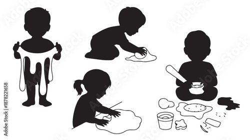 Messy Play Silhouettes of Children Exploring and Creating Isolated on White Illustration