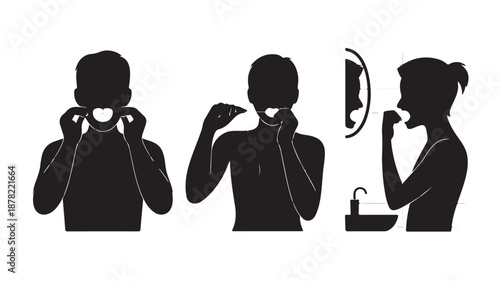 Adult Brushing Teeth and Rinsing Mouth Daily Routine Silhouette Illustration