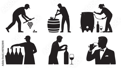 Silhouette of people harvesting and serving wine in elegant black and white illustration for wine industry