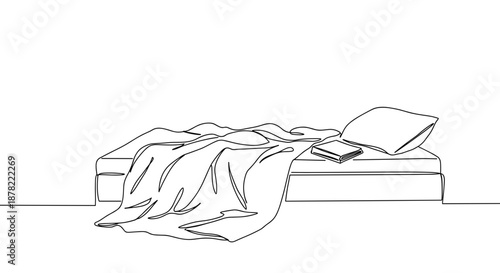 Line drawing of an unmade bed with crumpled sheets and a pillow on a transparent background