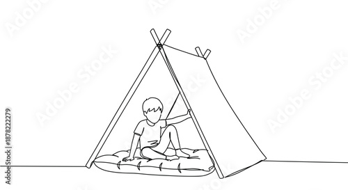 Line drawing of a person sitting inside a tent while enjoying nature in the outdoors on a transparent background