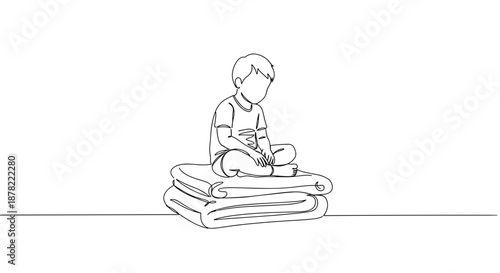 Line drawing of a child sitting on stacked towels while playing with toys on a transparent background