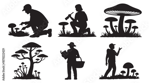 Mushroom Foraging Silhouettes with Natural Outdoor Activity in Black and White Vector Graphic for Nature and Outdoor Recreation Content.