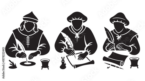 Medieval Scribes diligently writing in historical black and white vector illustration for education and literature.
