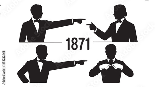 Vintage Gentlemen in Tuxedos with Pointing Gestures in Classic Illustrative Black and White Vector Silhouettes for Historical Context and Formal Event Branding