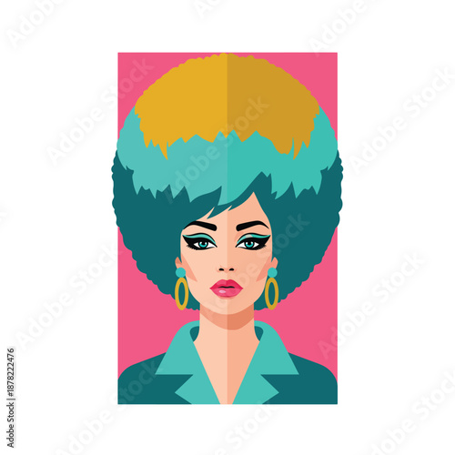 A vibrant illustration of a stylish woman with a colorful afro hairstyle, posing for a captivating portrait
