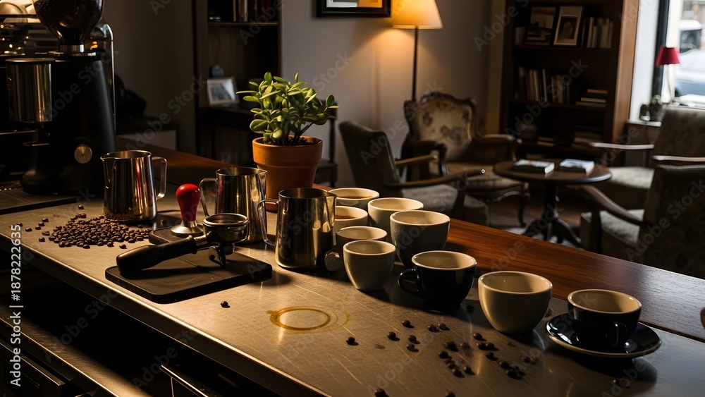 Fototapeta premium Professional coffee bar setup with aromatic beans, gleaming tools, and an array of empty cups, creating a warm and inviting cafe atmosphere