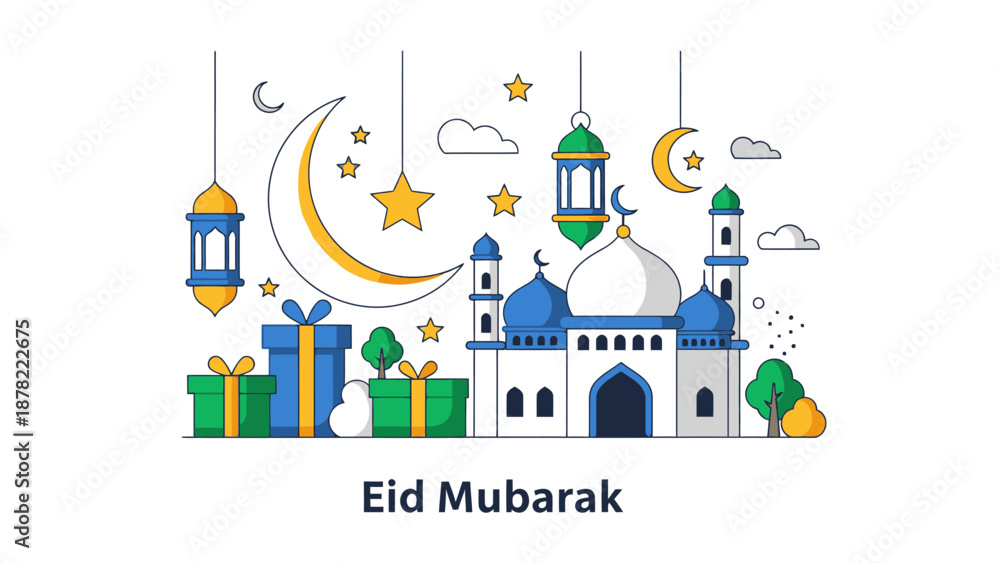 Fototapeta premium Eid Mubarak Mosque Greeting Card