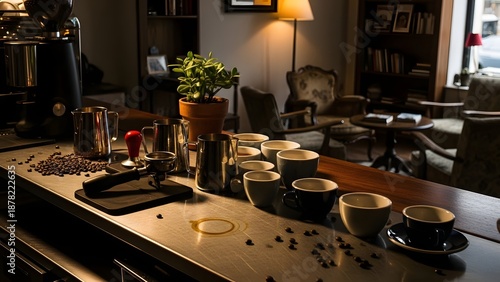 Professional coffee bar setup with aromatic beans, gleaming tools, and an array of empty cups, creating a warm and inviting cafe atmosphere