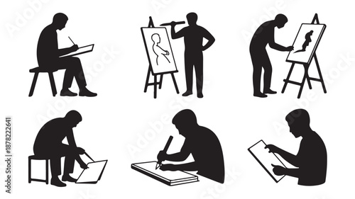 Artist Silhouettes Drawing Painting Sketching Isolated on White Background Vector Illustration