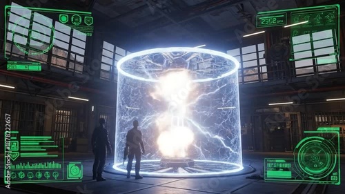 Futuristic Science Lab with Tesla Coil Energy Field and Holographic Data Displays
