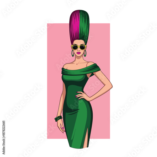 Stylish Woman Posing in Elegant Green Dress with Unique Tall Hair and Sunglasses in Studio