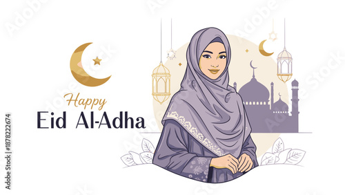 Eid al Adha Greeting Card with Mosque and Crescent Moon