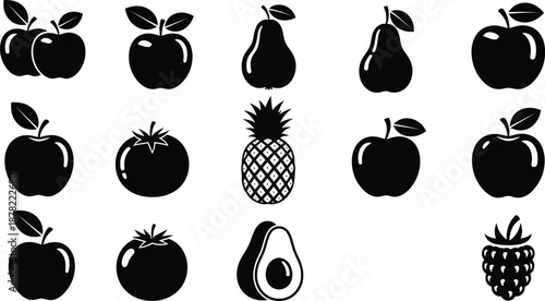 Fresh fruit icons vector illustration set with apples pears pineapple avocado and berries, black silhouette symbols for healthy food, nutrition, organic design