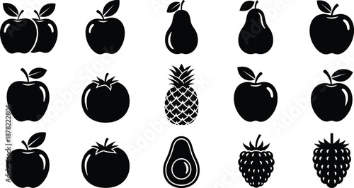 Fruit icons set vector illustration isolated on white background, apple pear tomato pineapple avocado berry silhouettes for food, nutrition, organic design