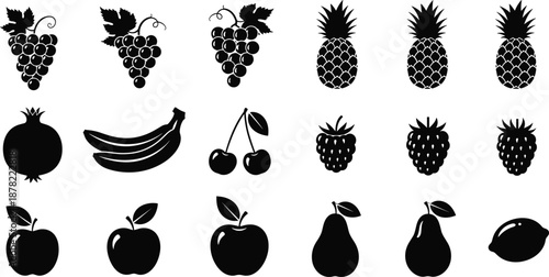 Fruit silhouette collection, fresh apples bananas grapes pineapples berries and pears in simple shapes, black healthy food vector illustration set