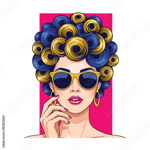 Stylish Woman in Sunglasses Pop Art Illustration with Vibrant Curly Hair and Hand Gesture