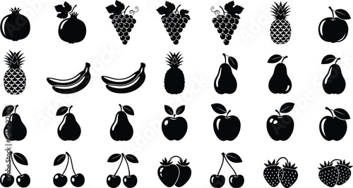 Fruit silhouette icon set, black vector illustration collection of apple, pear, banana, grape and berry icons, fresh food symbols for design
