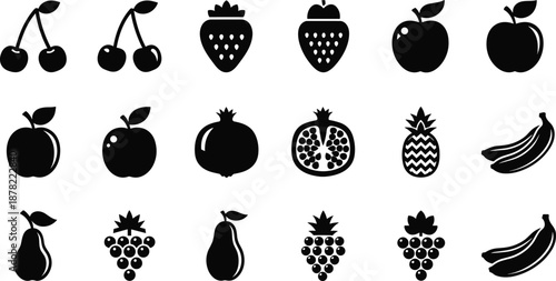 Fruit icons silhouette collection, apple banana strawberry grape cherry pear pineapple symbols, healthy food elements, black vector illustration set isolated on white background