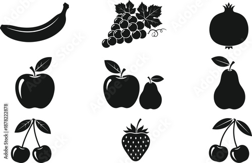 Fruit silhouettes collection set, banana apple pear grape strawberry cherry icons, healthy food shapes, black vector illustration for packaging, nutrition, organic design